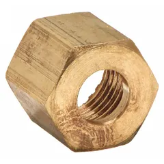 This compression fitting nut is made of low-lead brass for use in fluid or gas systems. It accommodates 1/8 in OD tubing and is commonly applied in instrumentation, pneumatic, and hydraulic circuits.