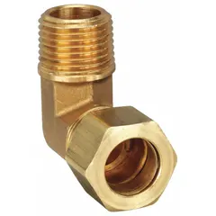 This brass compression fitting elbow connects 5/8 in OD tubing to 1/2 in male NPT pipe at a 90-degree angle. It is used in fluid-handling systems for applications such as pneumatics, hydraulics, and instrumentation. Supplied as a 10-pack.