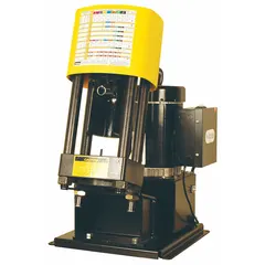 Bench-mount hydraulic hose crimping machine delivering 60 tons of force at a maximum pressure of 10,000 psi. Operates on 115V power and accommodates hose up to 1-1/4 in ID 2 Wire Braid. Suitable for industrial hose assembly tasks requiring stationary bench mounting.