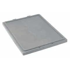 This gray plastic lid is designed for standard stacking and nesting totes, compatible with tote models SNT190 and SNT195, and part number 8DA64/8UNC0. It is FDA compliant, making it suitable for food-contact or sanitary storage applications in industrial, warehouse, and processing environments.