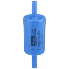 Disposable compressed air filter with polyvinylidene fluoride construction. Features 1/4 in tube connection, 0.01 micron filtration rating, 99.99% efficiency, and 5.4 cfm flow capacity. Used to remove particulates from compressed air systems in applications requiring high-purity air.