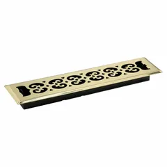 This floor register features a bright brass steel grille and is designed for one-way airflow distribution. It measures 15 1/2 inches in height and 3 3/4 inches in width, with non-adjustable blades. Suitable for use in HVAC systems where a fixed-direction, decorative grille is required.