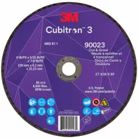 This 3M CUBITRON 3 wheel is a Type 27 cool-cutting combination wheel for cutting and grinding carbon and stainless steel. It features a ceramic abrasive with 36 grit and dimensions of 9" x 5/32" x 7/8". The design minimizes heat buildup, reducing thermal damage during use. Suitable for metal fabrication, maintenance, and repair tasks where a single wheel performs both cutting and grinding operations