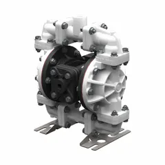 This air-operated double diaphragm pump features an acetal housing with 1/2 in NPT connections and delivers a flow rate of 14.3 gpm. It is equipped with acetal seats, PTFE diaphragms with Santoprene backing, and PTFE/Santoprene check valves. Suitable for transferring corrosive or abrasive fluids in chemical processing, wastewater treatment, and industrial manufacturing.