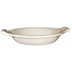 Vitrified stoneware dish in American White, measuring 7 3/4 in length, 6 1/2 in width, and 1 1/4 in depth. Suitable for baking and serving individual egg dishes, casseroles, or au gratin recipes.