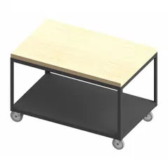 This mobile worktable features a 60 x 30 inch butcher-block top and a welded, powder-coated frame. It has a fixed height, polyurethane casters with plate mounts, and shelves with lips down. Fully assembled, it supports up to 1200 lb overall load capacity.