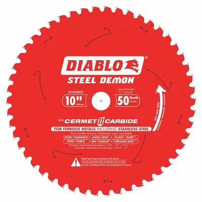 DIABLO Circular Saw Blade: 10 in Blade Dia., 50 Teeth, 0.08 in Cut Wd, 1 in Arbor Size - Stainless Steel-Cutting Blades