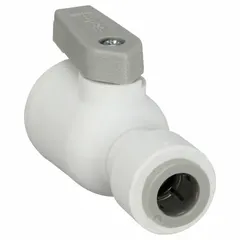 Manual two-way ball valve with a straight polypropylene body and full port ball port. Features push x push connections and a lever handle. NSF 51 compliant for use in potable water and food-contact applications. Suitable for on/off flow control in low-pressure fluid systems.