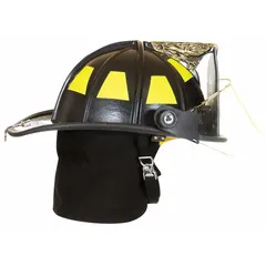FIRE-DEX fire helmet with a black fiberglass shell and traditional rear brim. Features a 6-point ratchet suspension system and includes a chin strap for secure fit. Suitable for structural firefighting and rescue operations.