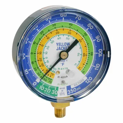 YELLOW JACKET Low Side Gauge: Low Side Gauge, Non-Liquid Filled, 3 1/8 in Dia, 1/8 in Male NPT - Analog Low Side Compound Pressure Gauges