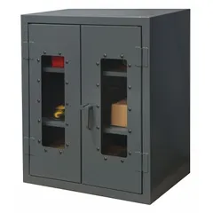 This industrial clearview shelf cabinet from DURHAM MFG features a gray frame base and a swing door. It includes two adjustable shelves for flexible storage of tools, parts, and supplies. The cabinet is fully assembled and suitable for organizing items in workshops, warehouses, and maintenance facilities.