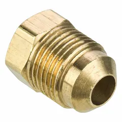 This brass plug is designed for 45-degree flare tube connections, sealing the end of a flared tube in hydraulic, pneumatic, and fluid-handling systems. It has a 5/16 in OD fitting size and complies with SAE J512 standards.
