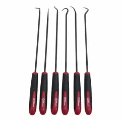 Steel hook and pick set with 90° angle, hook, multi-angle, and straight tips. Features knurled steel shafts and plastic handles for secure grip. Used for precision retrieval of O-rings, gaskets, and small parts in confined spaces.