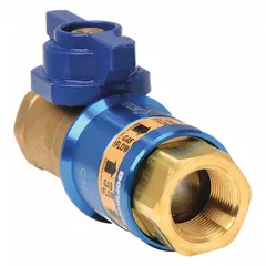 Gas connector fitting shutoff valve with 1 in male push-on inlet and 1 in female push-on outlet. Includes thermal shut-off feature that automatically stops gas flow when exposed to high heat. Used in industrial gas systems for flow control and emergency shutoff in applications such as commercial kitchens, boilers, and process equipment.