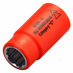This insulated hand socket features a 1/2" drive, 9/16 in socket size, 12-point configuration, and standard chrome finish with 2 in overall length. Designed for use on energized equipment to reduce risk of electrical shock. Not tether capable.