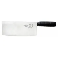 This Chinese-style cleaver features a stamped steel blade with a straight edge, suitable for chopping, slicing, and mincing vegetables, meat, and herbs. The black Santoprene handle provides a comfortable grip. NSF certified for commercial kitchen use