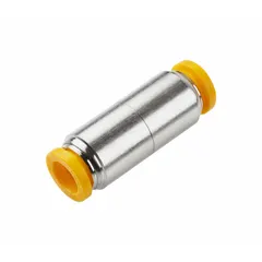 Nickel-plated brass union fitting with Push-to-Connect ends for 8 mm OD and 10 mm OD tubes. Enables quick, tool-free connections in pneumatic or fluid systems. Suitable for joining tubes in air lines, lubrication systems, or instrumentation circuits.