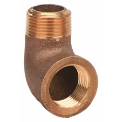 This 90° elbow is a low-pressure threaded pipe fitting made of brass, with 1/2 inch female NPT connections on both ends. It is rated for a maximum operating pressure of 200 psi. Commonly used in plumbing, HVAC, and industrial fluid systems to redirect flow at a right angle in water, air, and non-corrosive liquid lines.