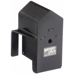 Steel padlock guard with integrated lock in black finish. Guard dimensions: 5 in length, 6-1/2 in width, 4 in height. Designed to protect padlocks from cutting, prying, and weather exposure in industrial, commercial, and utility applications such as gates, lockers, cabinets, and equipment enclosures.