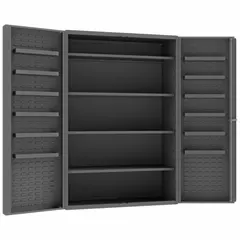 Assembled steel cabinet with 16 shelves and a deep box, finished in gray powder coat. Features a 14 ga panel and keyed lock. Designed for shelf and bin storage in industrial facilities, warehouses, and workshops.