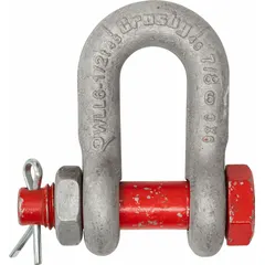 This carbon steel chain shackle is designed for lifting and rigging applications, such as connecting chain, wire rope, or hardware in overhead lifting assemblies. It features a 1 1/4 in width between eyes and a working load limit of 9,500 lb. The shackle has a silver body color.