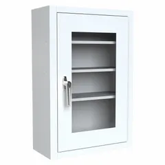 This empty first aid kit features a white steel housing with a lockable door and fixed shelf. Designed for wall mounting, it provides secure storage for first aid supplies in industrial, warehouse, or workshop settings. Mounting hardware is not included.