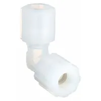 This PARGRIP PFA compression tube fitting elbow connects two 1/2 in OD PFA tubes at a 90-degree angle. It features compression x compression ends and is made from PFA material. The fitting is FDA approved for use in applications requiring high purity and corrosion resistance
