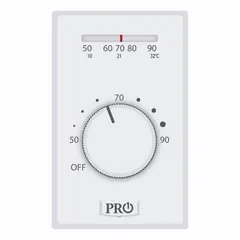 Analog thermostat with exposed dial for heat-only applications. Provides on-off control of electric heating systems such as baseboard heaters or radiant ceilings. Features a DPST switch that opens on rise, operating at 120 to 277V AC with a temperature range of 50° to 90°F. No fan setting.