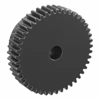 Metric spur gear with standard hub, module m 0.8, 45 teeth, 6 mm plain bore. Carbon steel S45C with black oxide finish. Hub with set screws. Precision class JIS N8. Used in power transmission and motion control for industrial machinery, conveyors, and automation systems