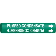 Snap-on pipe marker for identifying pumped condensate lines in steam and condensate systems. Green background with white legend and directional arrows. Fits pipe outer diameters from 1-1/2 to 2-3/8 inches. Single marker included.