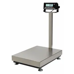 This bench scale features a column-mounted indicator for easy reading and a stainless steel weighing surface. It offers readability of 0.02 kg/0.05 lb and includes an RS-232 port for data communication. Suitable for industrial weighing tasks in manufacturing, packaging, and quality control environments.