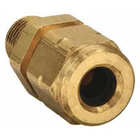 Compression fitting adapter for connecting 3/8 in OD tubing to 1/4 in male NPT pipe threads. Used in oil, fuel, and coolant systems for leak-tight transitions from tube to pipe in industrial fluid handling and lubrication lines. Supplied in a 10-pack