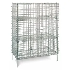 Steel stationary security cart with top and bottom shelves. Overall dimensions: 36 in length, 24 in width, 5 5/8 ft height. Suitable for fixed storage and organization of equipment or supplies in laboratory, industrial, or facility workstations.