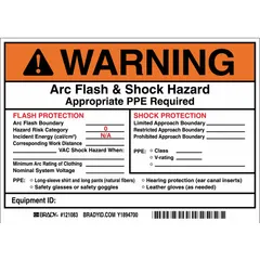 Vinyl adhesive sign, 5 in x 7 in nominal size, 5-pack. Not retroreflective, not glow-in-the-dark. Used to warn personnel of arc flash and shock hazards, indicating required PPE and arc flash boundary for risk category 0.