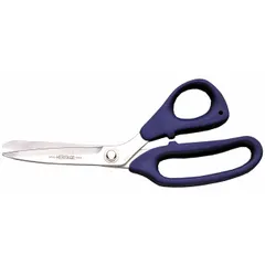 These offset kitchen shears from KLEIN TOOLS feature a bent handle design for comfortable cutting. With an overall length of 8 7/8 inches and a cut length of 3 3/8 inches, they are suitable for cutting poultry and other food items. The ambidextrous design accommodates both left- and right-handed users. Not adjustable and not NSF certified.