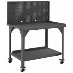 This mobile steel workbench measures 60 in x 30 in and has an overall load capacity of 4,000 lb. It includes a pegboard panel and lower shelf for tool storage. Suitable for industrial assembly, maintenance, and repair tasks in workshops and warehouses.