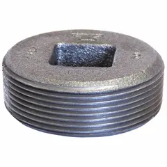 Cast iron threaded plug for sealing unused openings in medium-pressure piping systems. Rated for 300 psi at 150°F. Suitable for plumbing, HVAC, and industrial process lines.