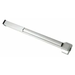 This rim-type exit device features a touchbar style and is constructed of aluminum. It is designed for doors up to 4 ft wide and includes a night latch outside trim for secure re-entry. The device is ADA compliant, suitable for commercial applications requiring safe egress and accessibility.