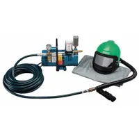 This complete supplied-air respiratory system includes a 3/4 hp pump, a 50 ft hose, and an Allegro Nova 2000 blasting helmet with helmet-type headgear. It is used for respiratory protection in industrial environments where airborne particulates are present, such as blasting and abrasive cleaning operations