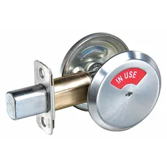Cylindrical deadbolt with visual occupancy indicator showing In Use or Vacant status. Features satin chromium-plated finish, Schlage C keyway, and includes a core. Designed for doors up to 1 3/4 in thick. Not ADA compliant or ligature-resistant. Suitable for commercial applications requiring room status indication.