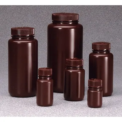 NALGENE Storage Bottle: HDPE, 125 mL, 4 fl oz, Closure Included, Amber, 38 mm - HDPE Wide Mouth Round Lab Bottles