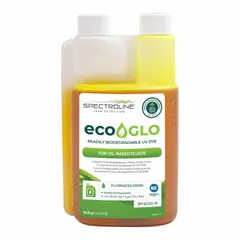 SPECTROLINE ECO-GLO is a fluorescent dye for refrigerant leak detection in HVAC and refrigeration systems. The 16 oz bottle of green dye is added to the system; under UV light, leaks glow brightly, enabling quick identification of refrigerant escape points.