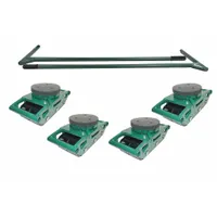 Machine roller kit with swivel design for precise positioning of heavy loads. Includes two handles. Rubber-padded top plate protects load surfaces. Deck height 7 7/8 in. Used in industrial plant maintenance and rigging for moving machinery and equipment