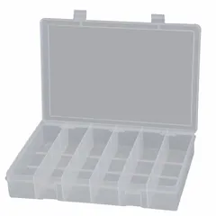 Clear plastic compartmented box with fixed dividers, featuring six compartments each measuring 2-1/16 in wide by 8-1/2 in deep. Used for organizing and storing small parts such as fasteners and components in workshops, warehouses, and assembly lines. Not electrostatic discharge conductive.