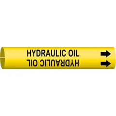 Yellow snap-on pipe marker with black legend reading 'Hydraulic Oil' and directional arrows. Fits pipe outer diameters from 2-1/2 to 3-7/8 inches. Supplied as a single marker for identifying hydraulic oil lines in industrial piping systems.