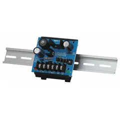 This power supply board provides a regulated DC output of 6/12/24V at 2.5A. It is constructed from phenolic/fiberglass material and features a DIN-rail mount design for installation in control panels, security systems, and automation enclosures.