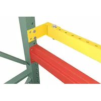 This pallet rack load stop is designed for 0-bay configurations to prevent pallets from falling off the back of racking systems. Constructed from 14-gauge steel with a powder-coated yellow finish, it measures 108 inches in length, 4 inches in height, and 2 inches in depth. Mounting hardware is included for installation. Commonly used in warehouses and distribution centers to improve safety and protect inventory
