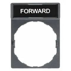Rectangular legend plate for 22 mm panel mounting, part of the XB4 series. Constructed of non-metallic plastic with a black/red body and white 'Forward' legend in English. Measures 1 5/8 in overall height by 1 3/16 in overall width, with tab attachment. Used to label push-button stations in industrial control panels.