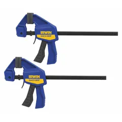 This one-handed trigger clamp from IRWIN features a 6-inch maximum jaw opening and a 2-1/2-inch throat depth, delivering 140 lb of clamping force. The flat bar design allows quick adjustments and secure holding. Commonly used in woodworking, carpentry, and general assembly tasks such as gluing, drilling, or fastening.