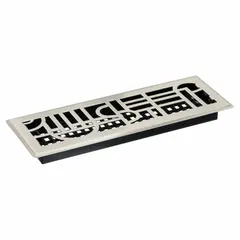 One-way steel floor grille with brushed nickel finish. Measures 15 1/2 inches high by 5 1/2 inches wide. Non-adjustable blades direct airflow in a single direction. Suitable for covering HVAC duct openings in floors where a decorative appearance is desired.